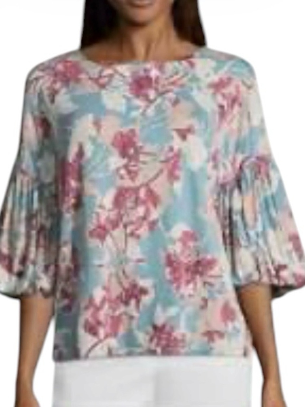 Worthington Blue Floral Boho Balloon Sleeve Top Size S